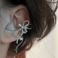 Thumbnail for Dainty CZ Inlaid Pearl Charm Ribbon Ear Cuff Earrings - ArtGalleryZen