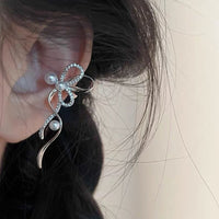 Thumbnail for Dainty CZ Inlaid Pearl Charm Ribbon Ear Cuff Earrings - ArtGalleryZen