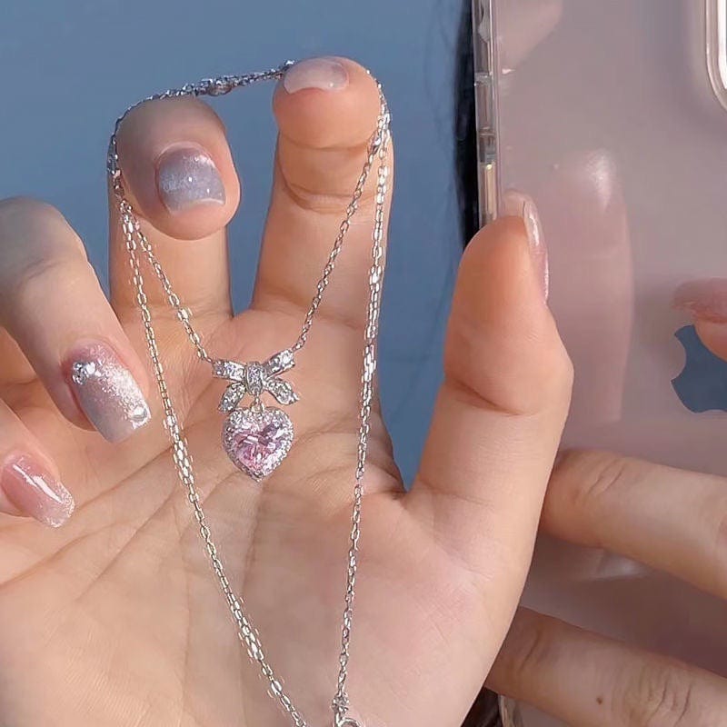 Dainty CZ Inlaid Pink Crystal Bowknot Heart Necklace - ArtGalleryZen