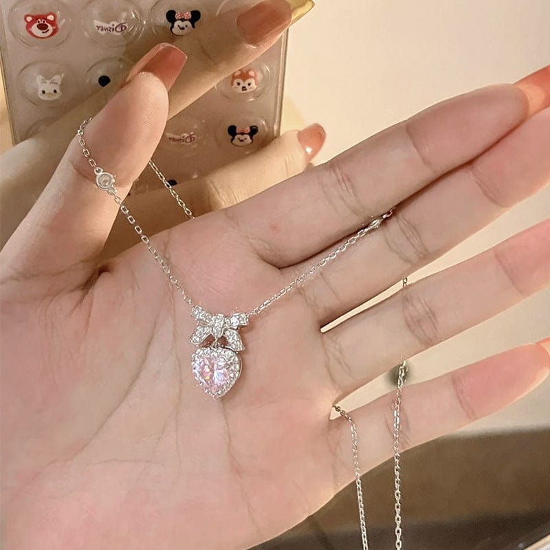 Dainty CZ Inlaid Pink Crystal Bowknot Heart Necklace - ArtGalleryZen