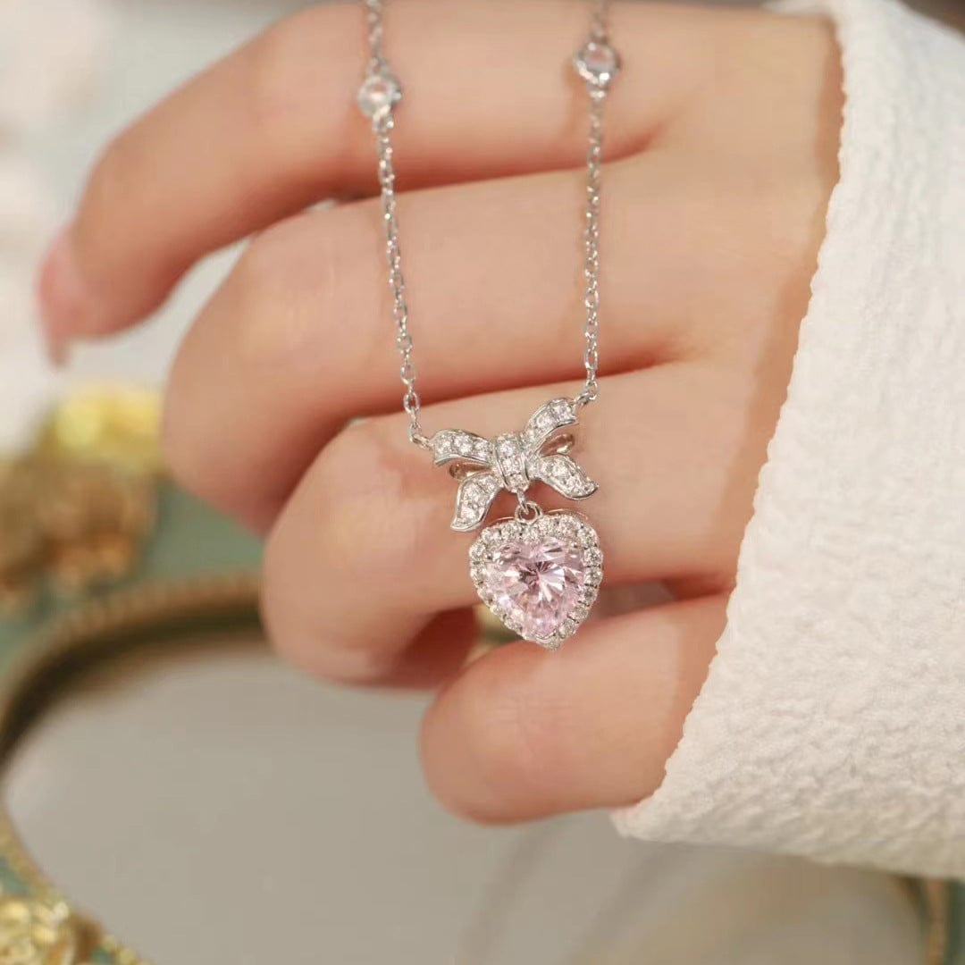 Dainty CZ Inlaid Pink Crystal Bowknot Heart Necklace - ArtGalleryZen