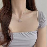 Thumbnail for Dainty CZ Inlaid Pink Crystal Cupid Arrow Heart Necklace - ArtGalleryZen