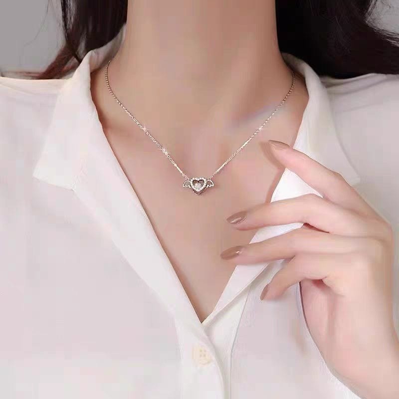 Dainty CZ Inlaid Rolling Crystal Angel Heart Wings Necklace - ArtGalleryZen