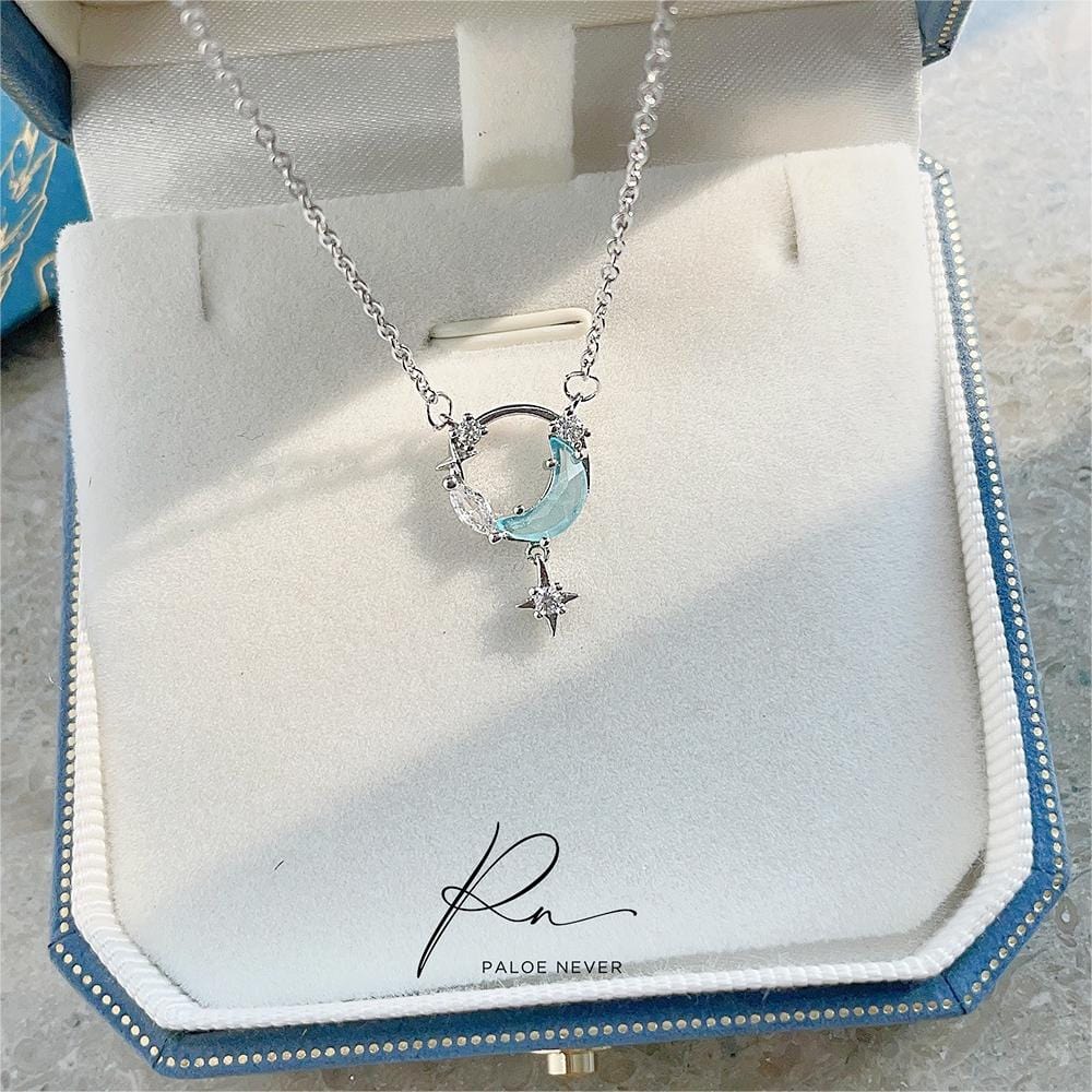 Dainty CZ Inlaid Turquoise Moon Phase Star Necklace - ArtGalleryZen