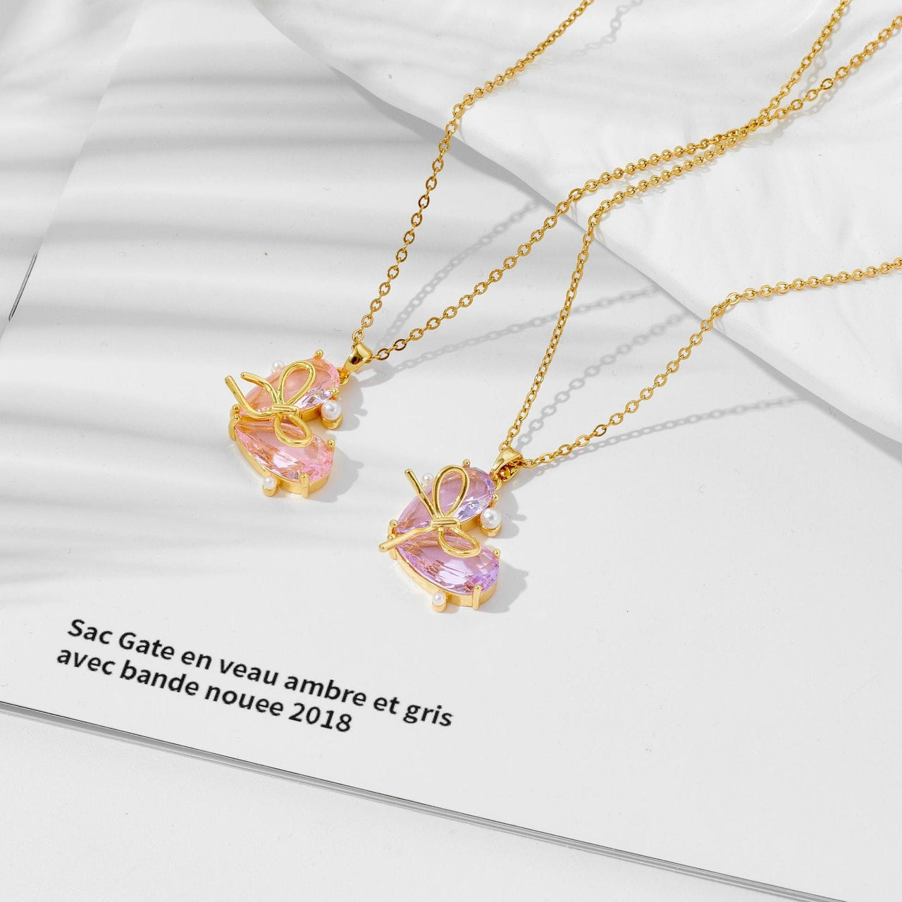 Dainty Gold Silver Tone Bowknot Heart CZ Pendant Necklace - ArtGalleryZen