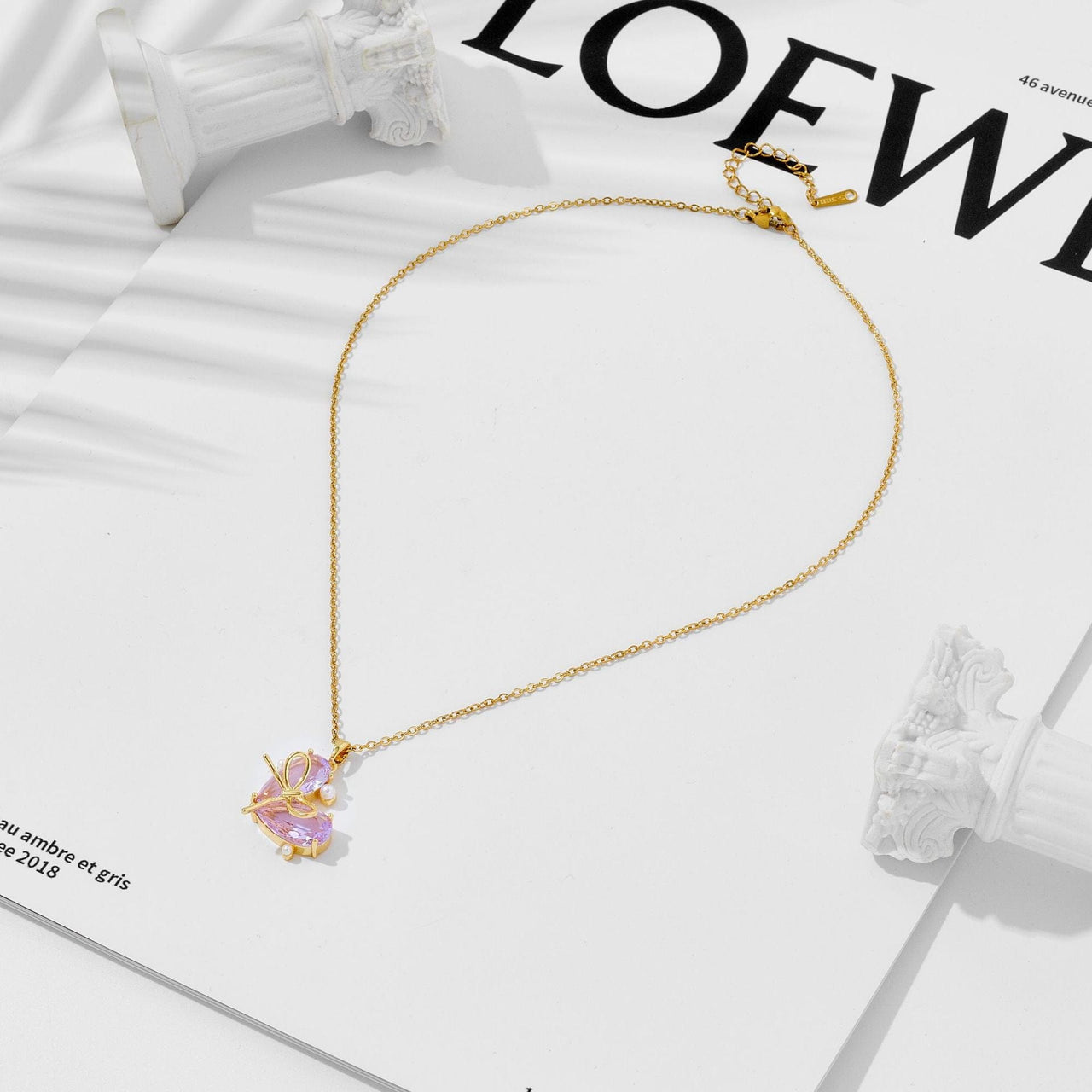 Dainty Gold Silver Tone Bowknot Heart CZ Pendant Necklace - ArtGalleryZen