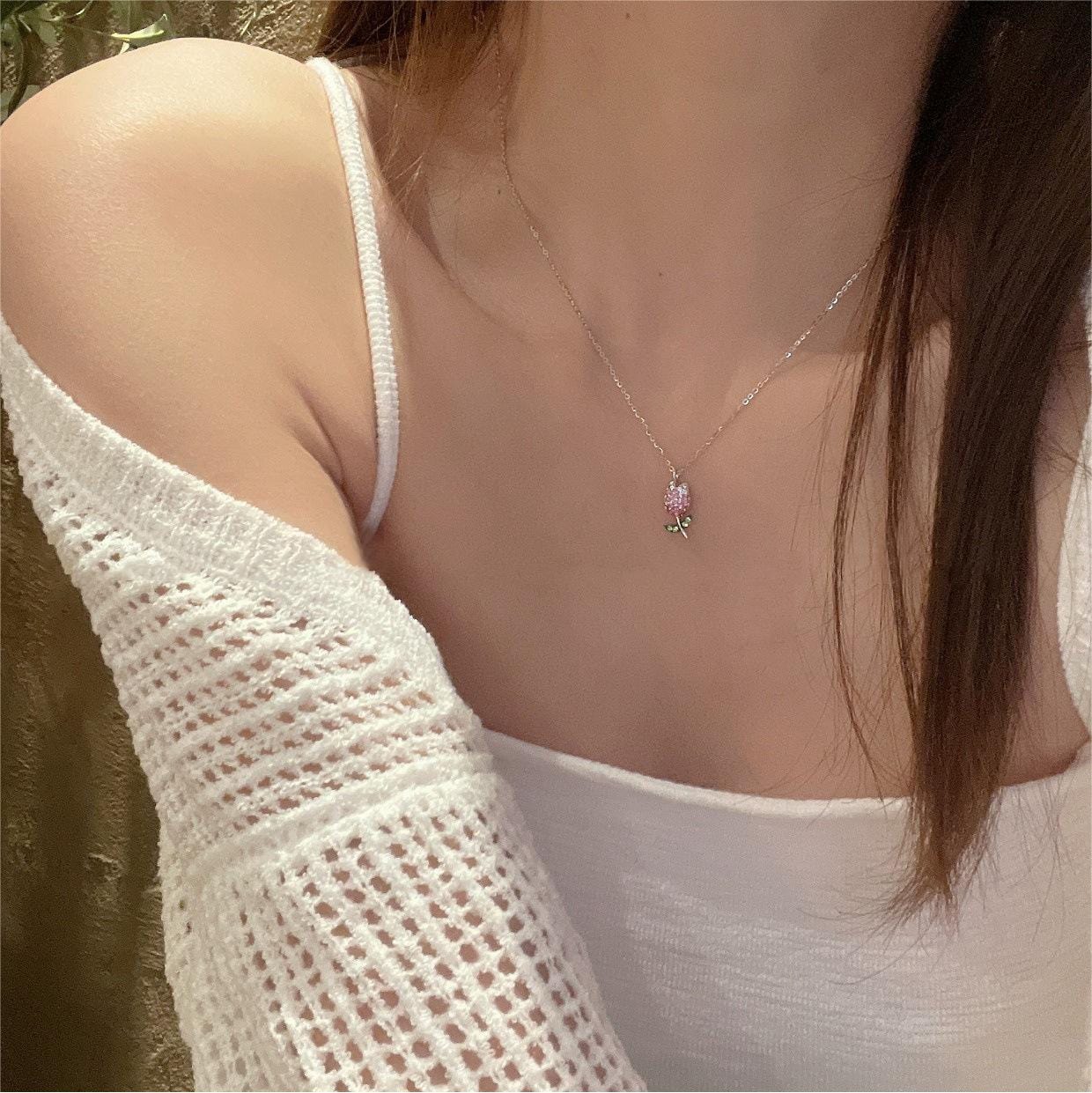 Dainty Handmade CZ Inlaid Pink Tulip Chain Necklace - ArtGalleryZen