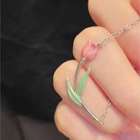 Thumbnail for Dainty Handmade Enamel Pink Tulip Chain Necklace - ArtGalleryZen