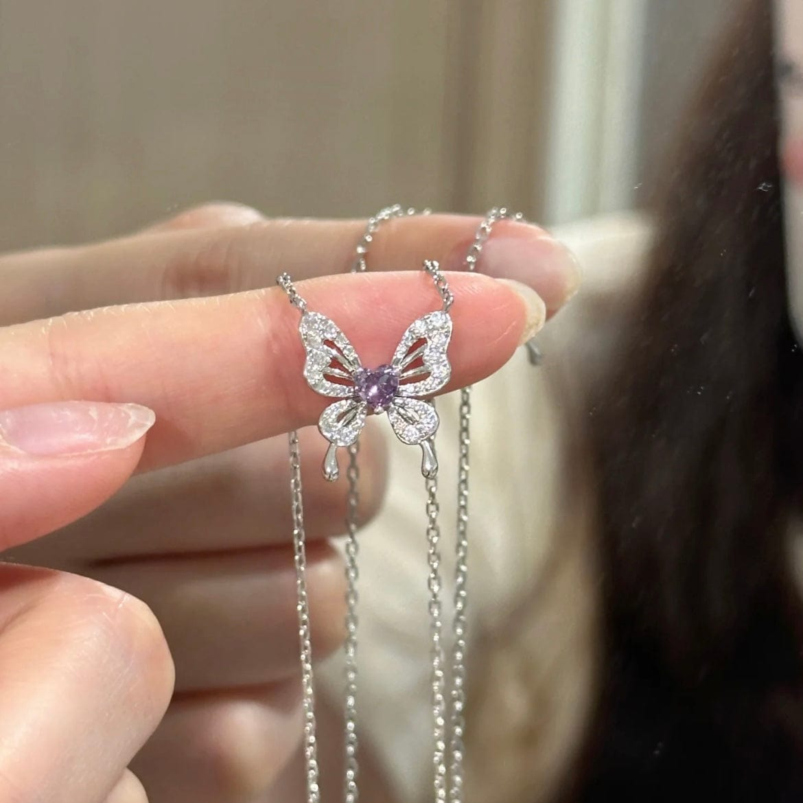 Dainty Heart CZ Inlaid Butterfly Pendant Cable Chain Necklace - ArtGalleryZen
