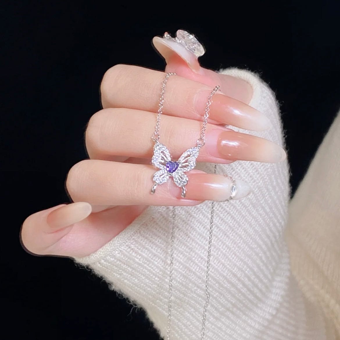 Dainty Heart CZ Inlaid Butterfly Pendant Cable Chain Necklace - ArtGalleryZen
