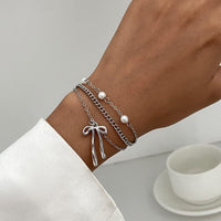 Thumbnail for Dainty Layered Bowknot Pendant Pearl Curb Chain Bracelet - ArtGalleryZen