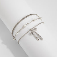 Thumbnail for Dainty Layered Bowknot Pendant Pearl Curb Chain Bracelet - ArtGalleryZen