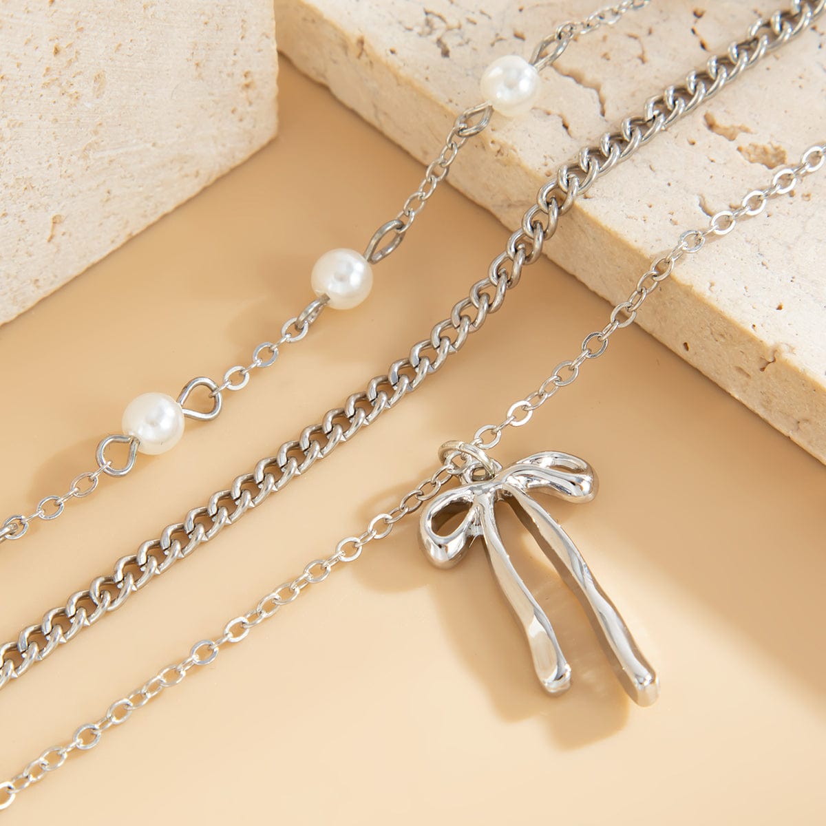 Dainty Layered Bowknot Pendant Pearl Curb Chain Bracelet - ArtGalleryZen