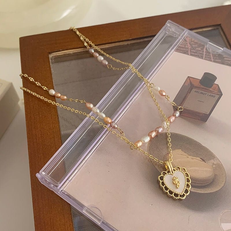 Dainty Layered Floral Heart Pendant Pearl Chain Choker Necklace Set - ArtGalleryZen