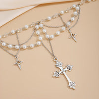 Thumbnail for Dainty Layered Star Cross Pendant Pearl Crystal Chain Necklace - ArtGalleryZen