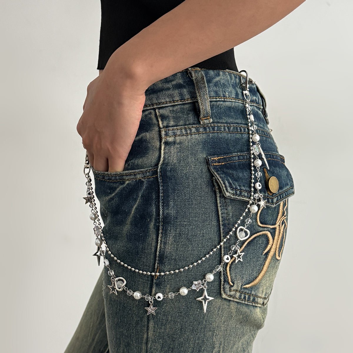 Dainty Layered Star Pendant Pearl Trouser Chain - ArtGalleryZen
