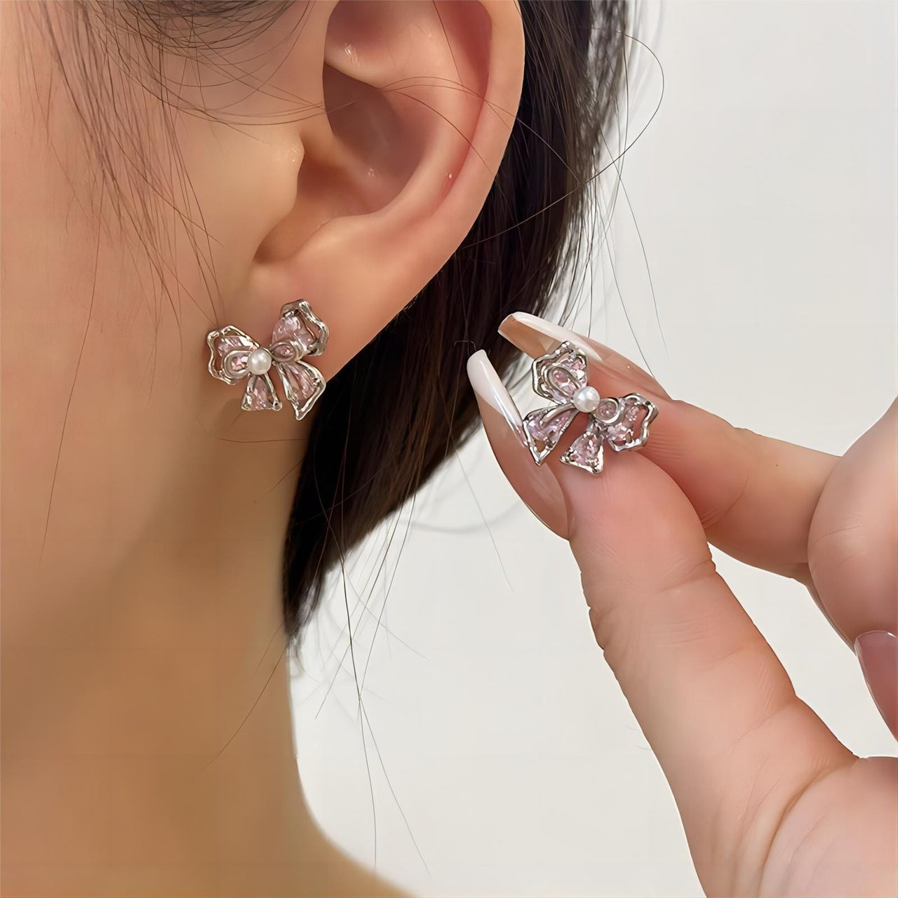 Dainty Pink Crystal Bowknot Pearl Earrings - ArtGalleryZen