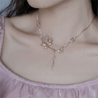 Thumbnail for Dainty Pink Crystal Rose Charm Fritillaria Beaded Chain Y Choker Necklace - ArtGalleryZen