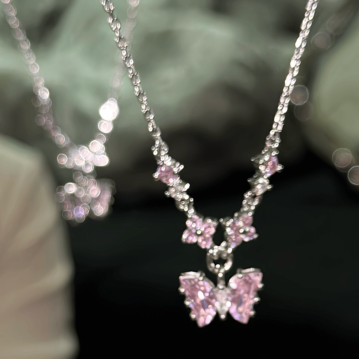 Dainty Pink CZ Inlaid Butterfly Pendant Cable Chain Necklace - ArtGalleryZen