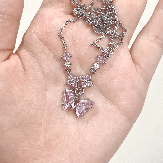 Dainty Pink CZ Inlaid Butterfly Pendant Cable Chain Necklace - ArtGalleryZen