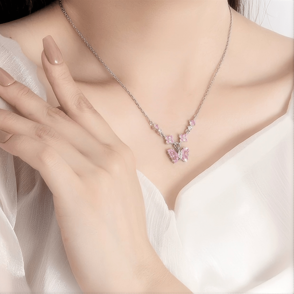 Dainty Pink CZ Inlaid Butterfly Pendant Cable Chain Necklace - ArtGalleryZen