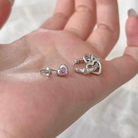Thumbnail for Dainty Pink CZ Inlaid Heart Star Hoop Dangle Earrings Set - ArtGalleryZen