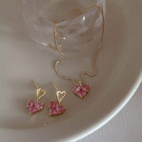 Thumbnail for Dainty Pink Rhinestone Heart Pendant Chain Necklace Dangle Earrings Set - ArtGalleryZen