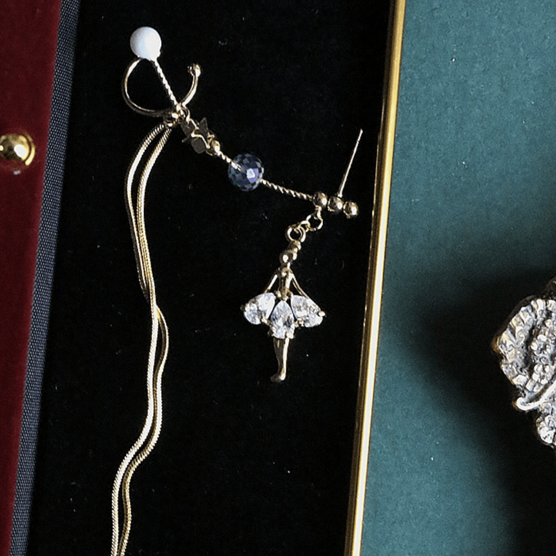 Dainty Rhinestone Inlaid Ballet Dancer Dangle Long Chain Ear Clip Earring - ArtGalleryZen