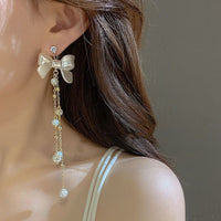 Thumbnail for Dainty Rhinestone Inlaid Dangling Bowknot Pearl Earrings - ArtGalleryZen