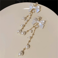 Thumbnail for Dainty Rhinestone Inlaid Dangling Bowknot Pearl Earrings - ArtGalleryZen