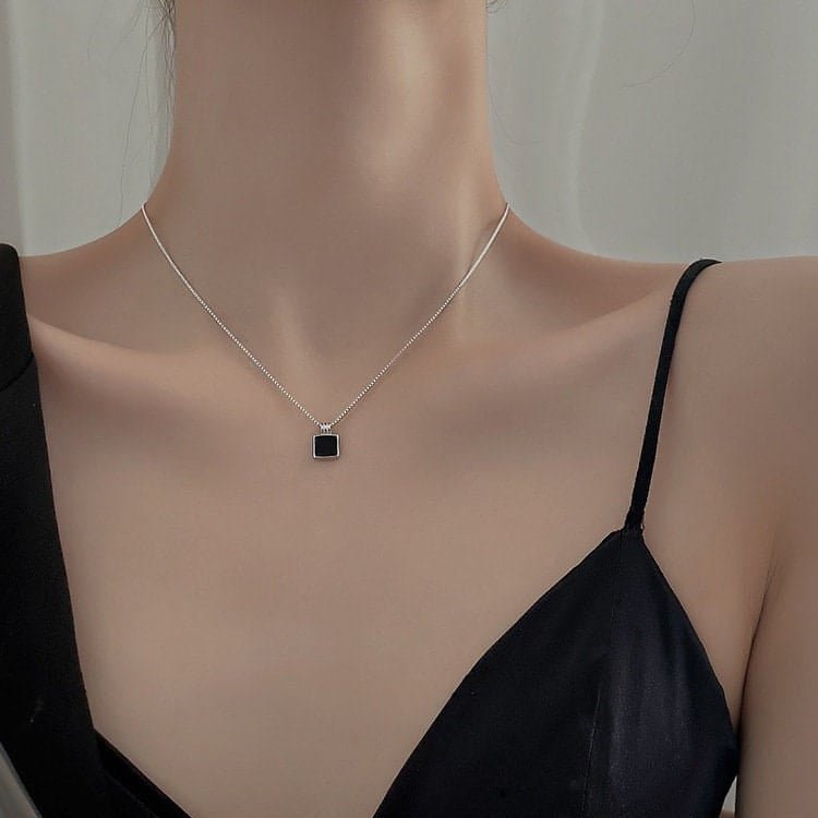 Dainty S925 Sterling Silver Enamel Square Pendant Box Chain Necklace - ArtGalleryZen
