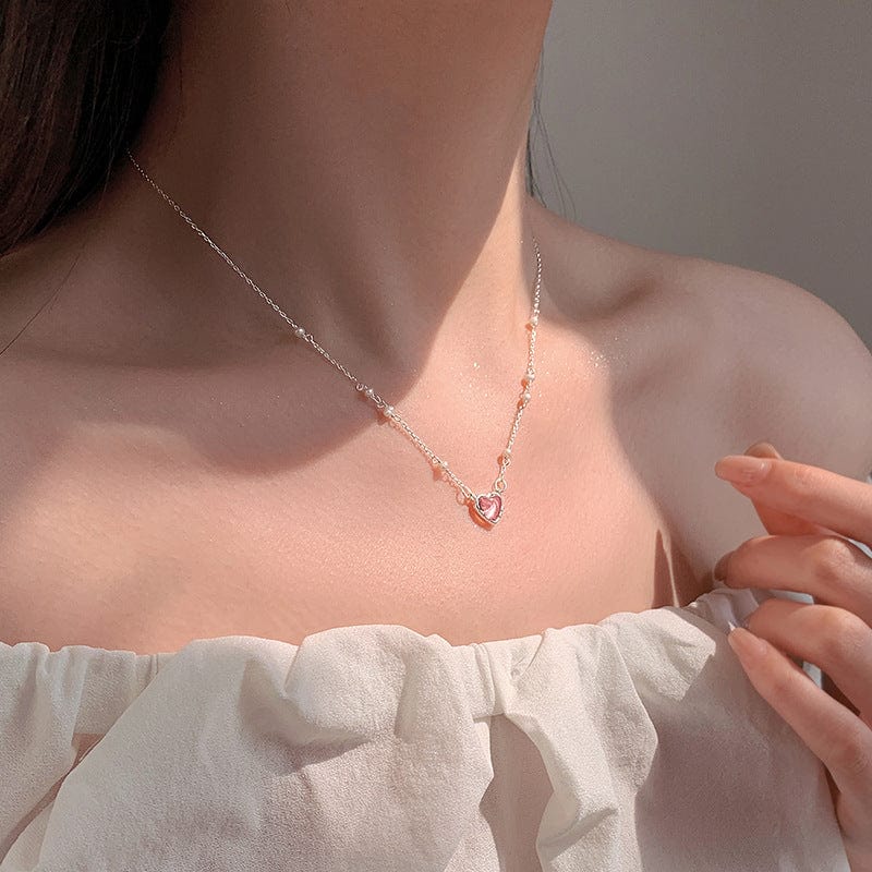 Dainty Sterling Silver Pearl Charm Heart Necklace - ArtGalleryZen
