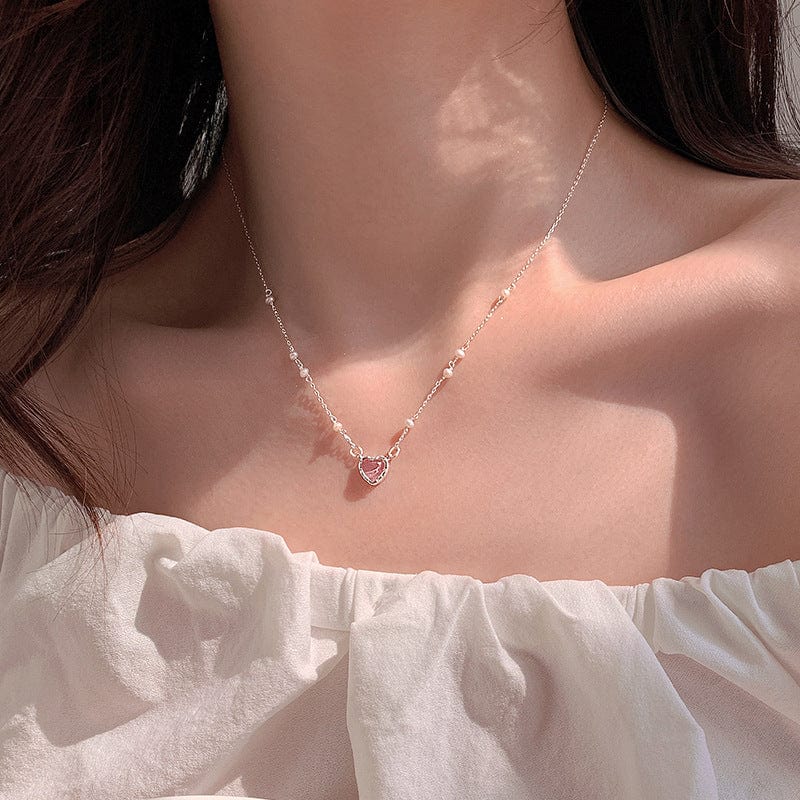 Dainty Sterling Silver Pearl Charm Heart Necklace - ArtGalleryZen