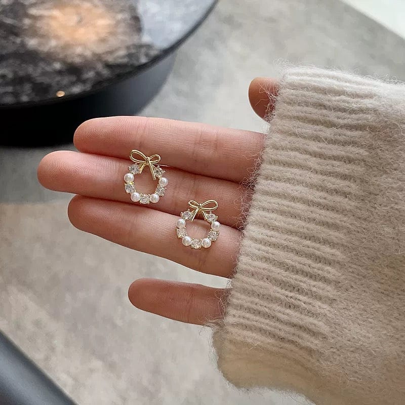 Delicate CZ Pearl Inlaid Hoop Bowknot Stud Earrings - ArtGalleryZen