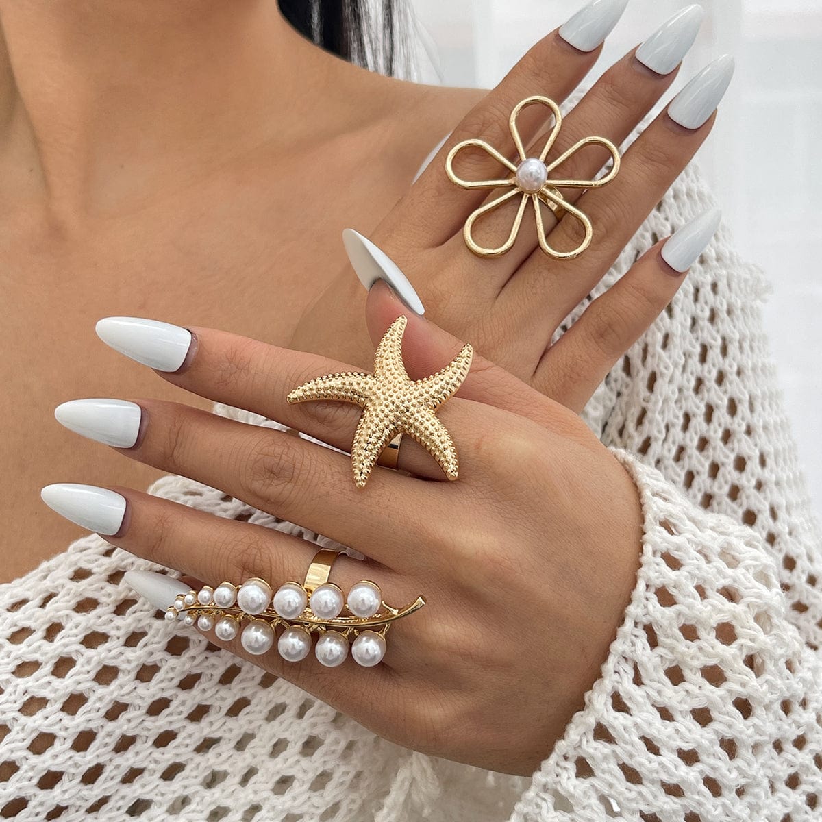 Delicate Hollow Flower Starfish Grape Shaped Pearl Ring Set - ArtGalleryZen