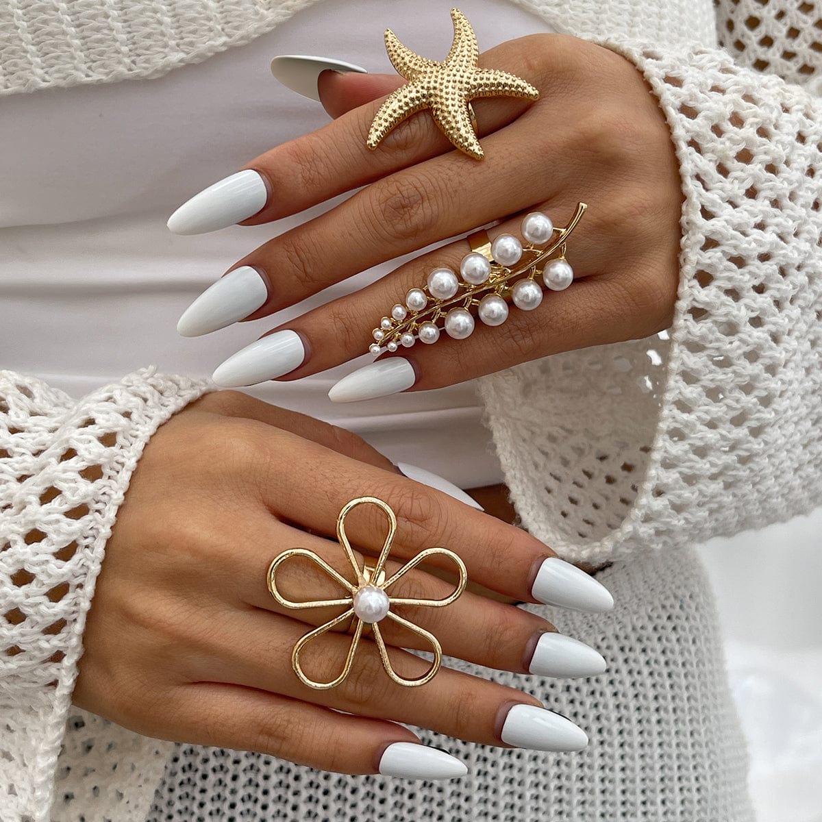 Delicate Hollow Flower Starfish Grape Shaped Pearl Ring Set - ArtGalleryZen