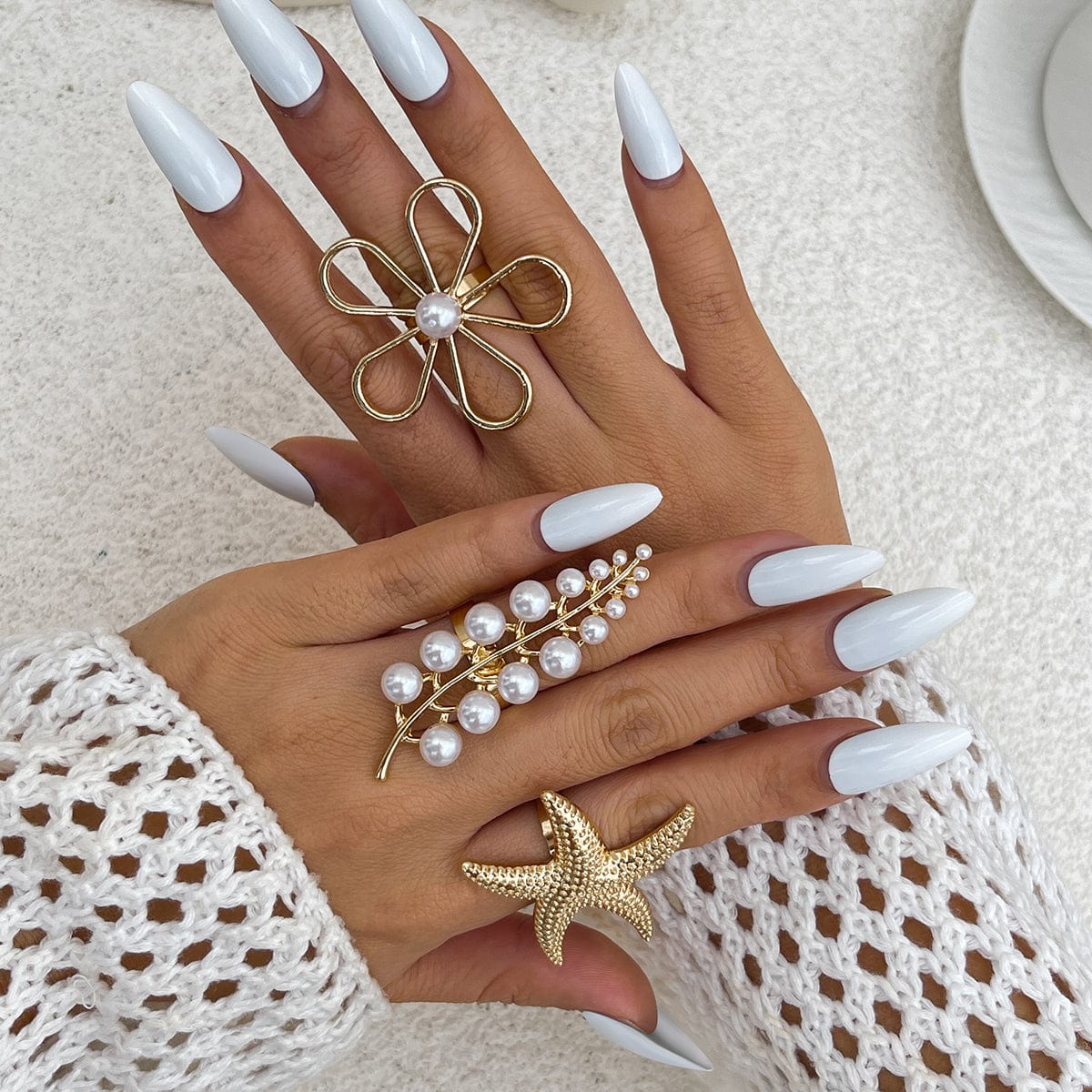 Delicate Hollow Flower Starfish Grape Shaped Pearl Ring Set - ArtGalleryZen