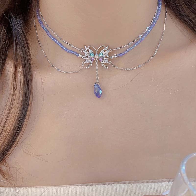 Delicate Layered CZ Inlaid Butterfly Crystal Pendant Beaded Chain Necklace - ArtGalleryZen