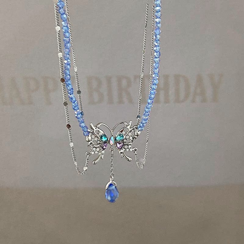 Delicate Layered CZ Inlaid Butterfly Crystal Pendant Beaded Chain Necklace - ArtGalleryZen