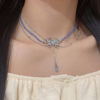 Thumbnail for Delicate Layered CZ Inlaid Butterfly Crystal Pendant Beaded Chain Necklace - ArtGalleryZen
