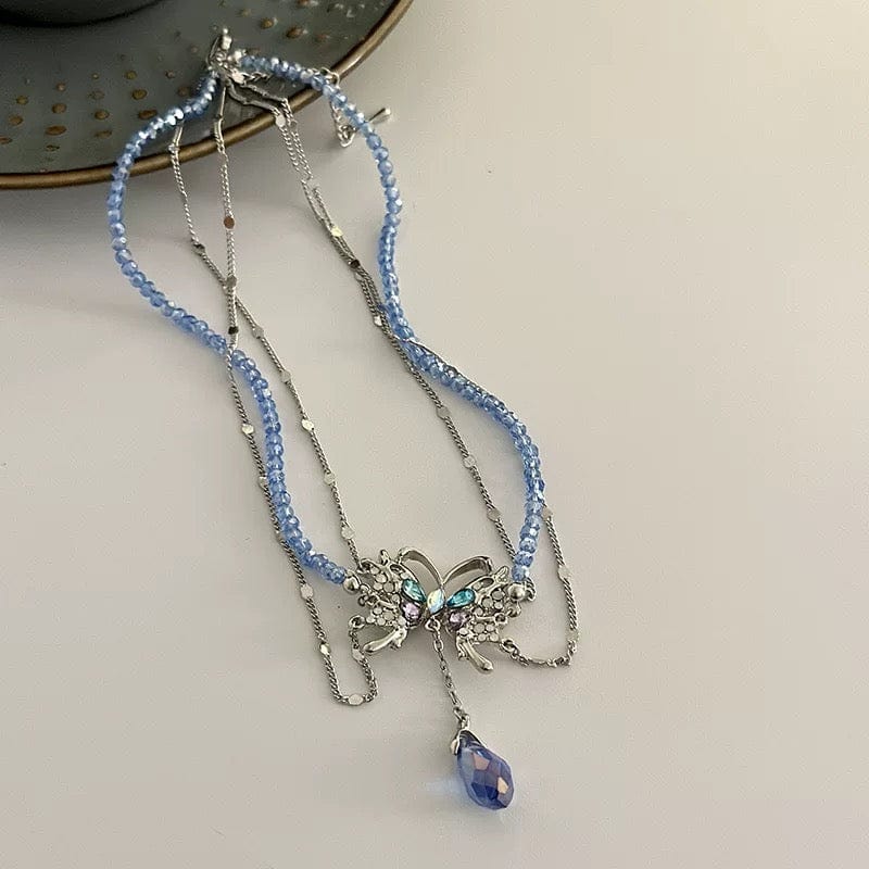 Delicate Layered CZ Inlaid Butterfly Crystal Pendant Beaded Chain Necklace - ArtGalleryZen
