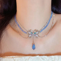 Thumbnail for Delicate Layered CZ Inlaid Butterfly Crystal Pendant Beaded Chain Necklace - ArtGalleryZen