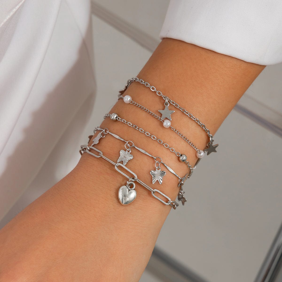 Delicate Layered Heart Butterfly Star Tassel Pearl Cable Chain Bracelet Set - ArtGalleryZen