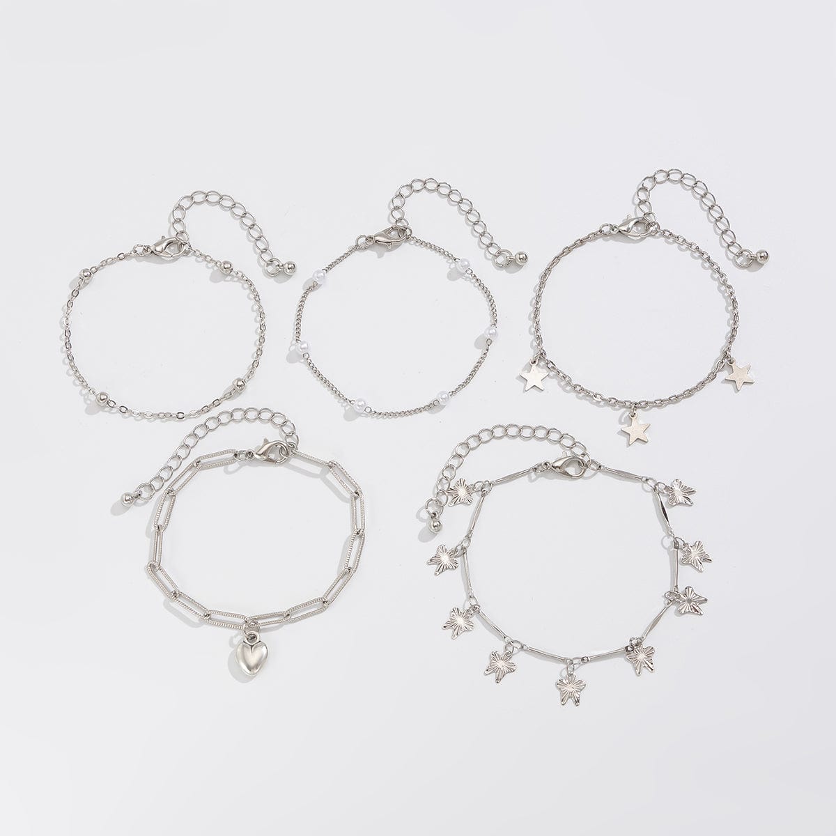 Delicate Layered Heart Butterfly Star Tassel Pearl Cable Chain Bracelet Set - ArtGalleryZen