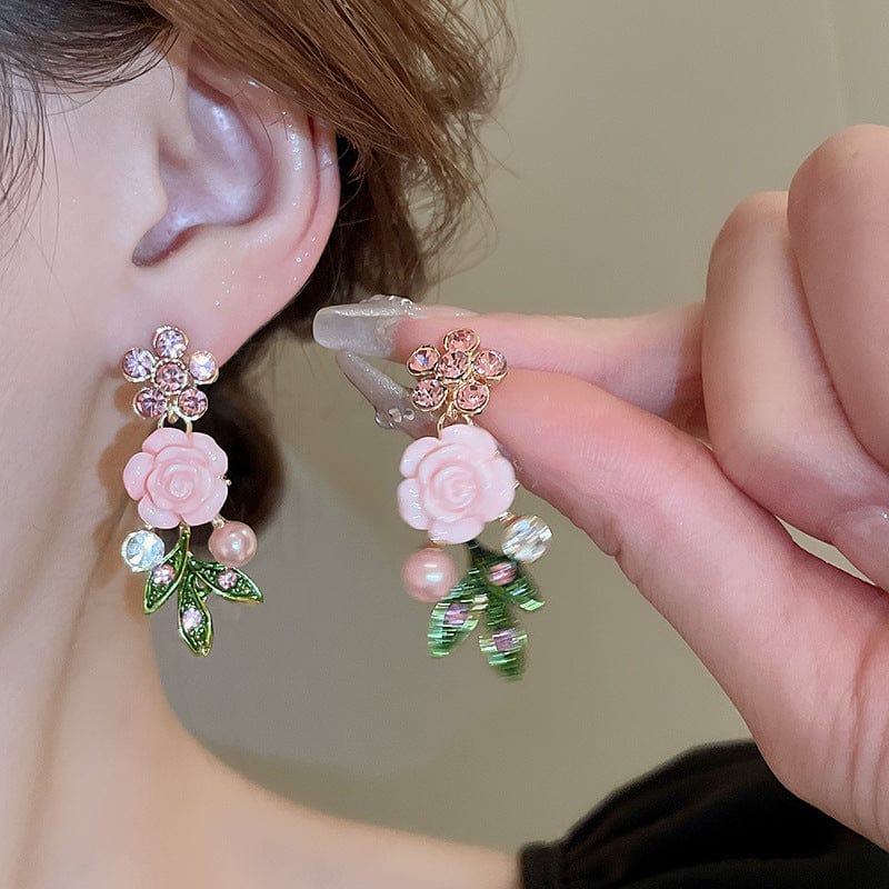 Delicate Pearl Rhinestone Inlaid Enamel Camellia Flower Necklace Bracelet Earrings - ArtGalleryZen