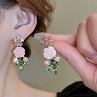 Thumbnail for Delicate Pearl Rhinestone Inlaid Enamel Camellia Flower Necklace Bracelet Earrings - ArtGalleryZen