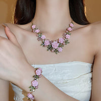 Thumbnail for Delicate Pearl Rhinestone Inlaid Enamel Camellia Flower Necklace Bracelet Earrings - ArtGalleryZen
