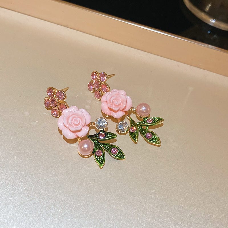 Delicate Pearl Rhinestone Inlaid Enamel Camellia Flower Necklace Bracelet Earrings - ArtGalleryZen
