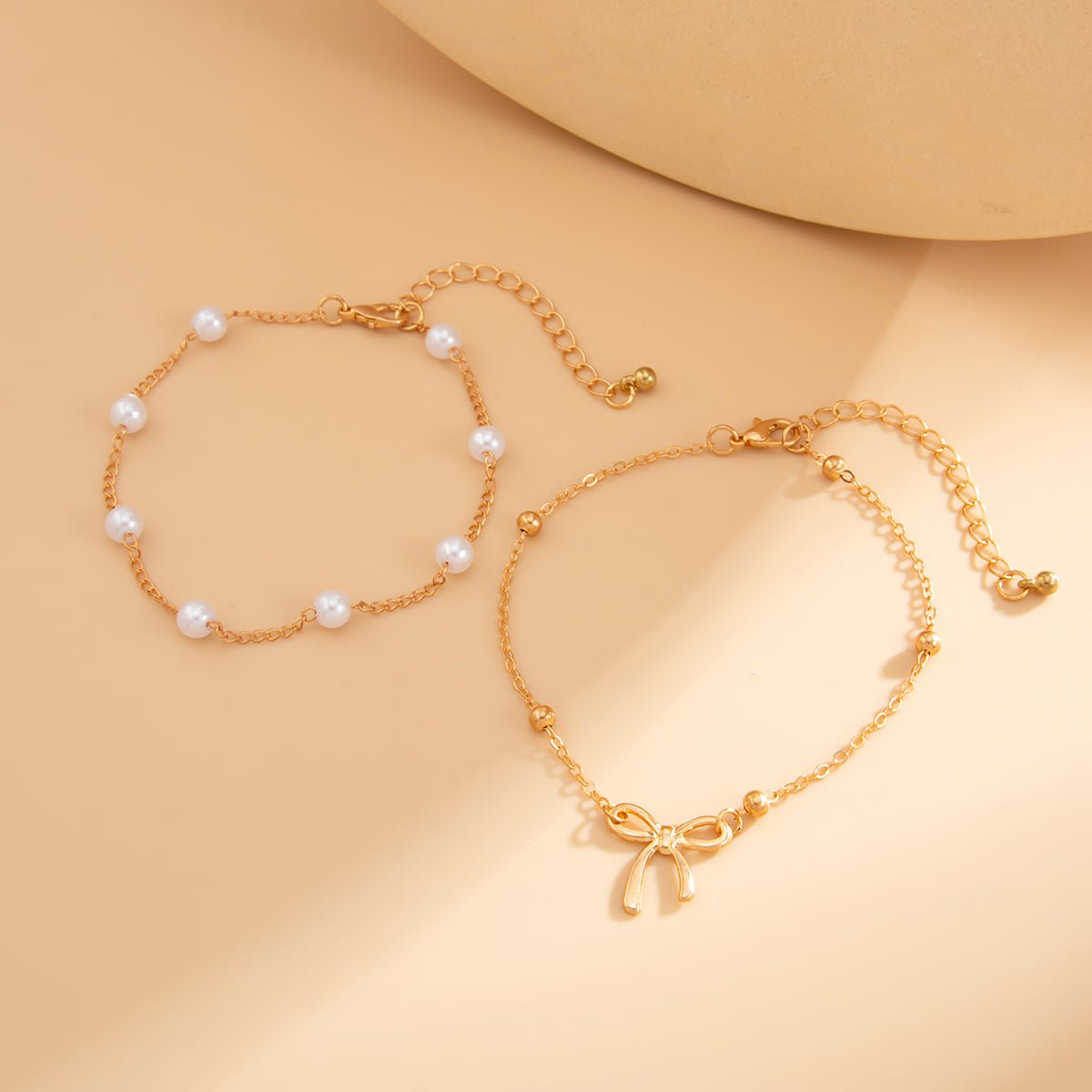 Elegant 2pcs Bowknot Charm Pearl Chain Anklet Set - ArtGalleryZen