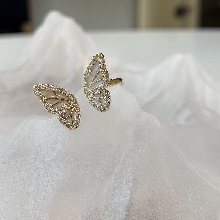 Elegant 2pcs CZ Inlaid Enamel Butterfly Flower Open Ring Set - ArtGalleryZen